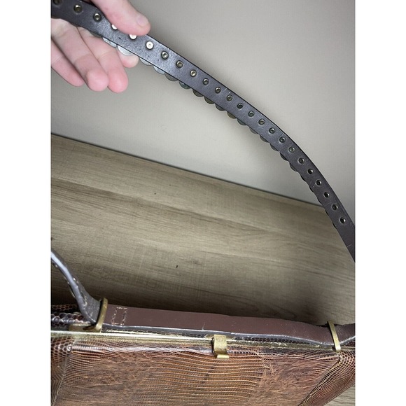 VINTAGE ESCORT BAG GENUINE LIZARD BROWN FRAME HANDBAG SATCHEL Dazzled Strap Moto - Picture 4 of 13